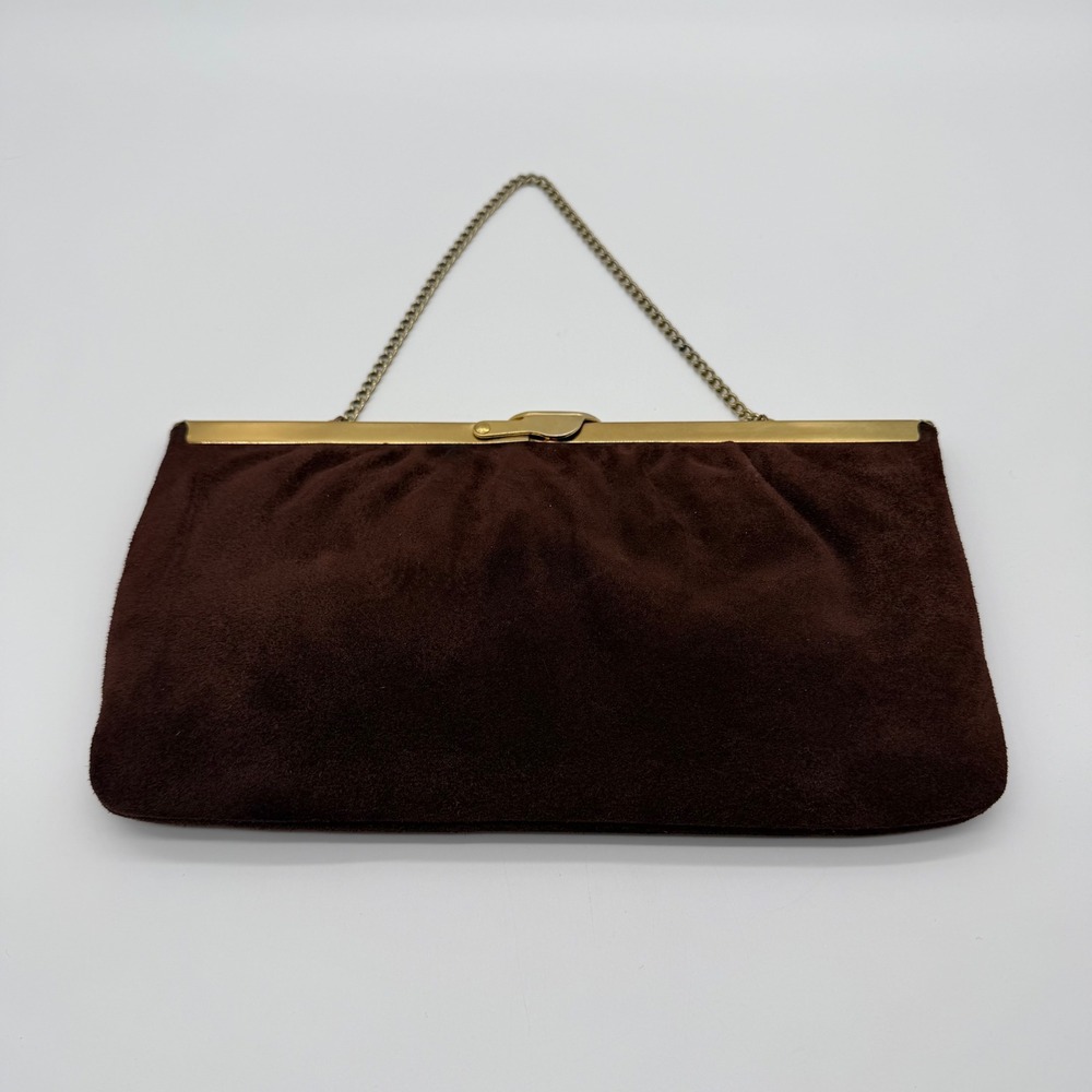 Vintage Harry Levine Handbag Suede & Chocolate Brown Suede Evening Clutch Gold - Picture 2 of 9